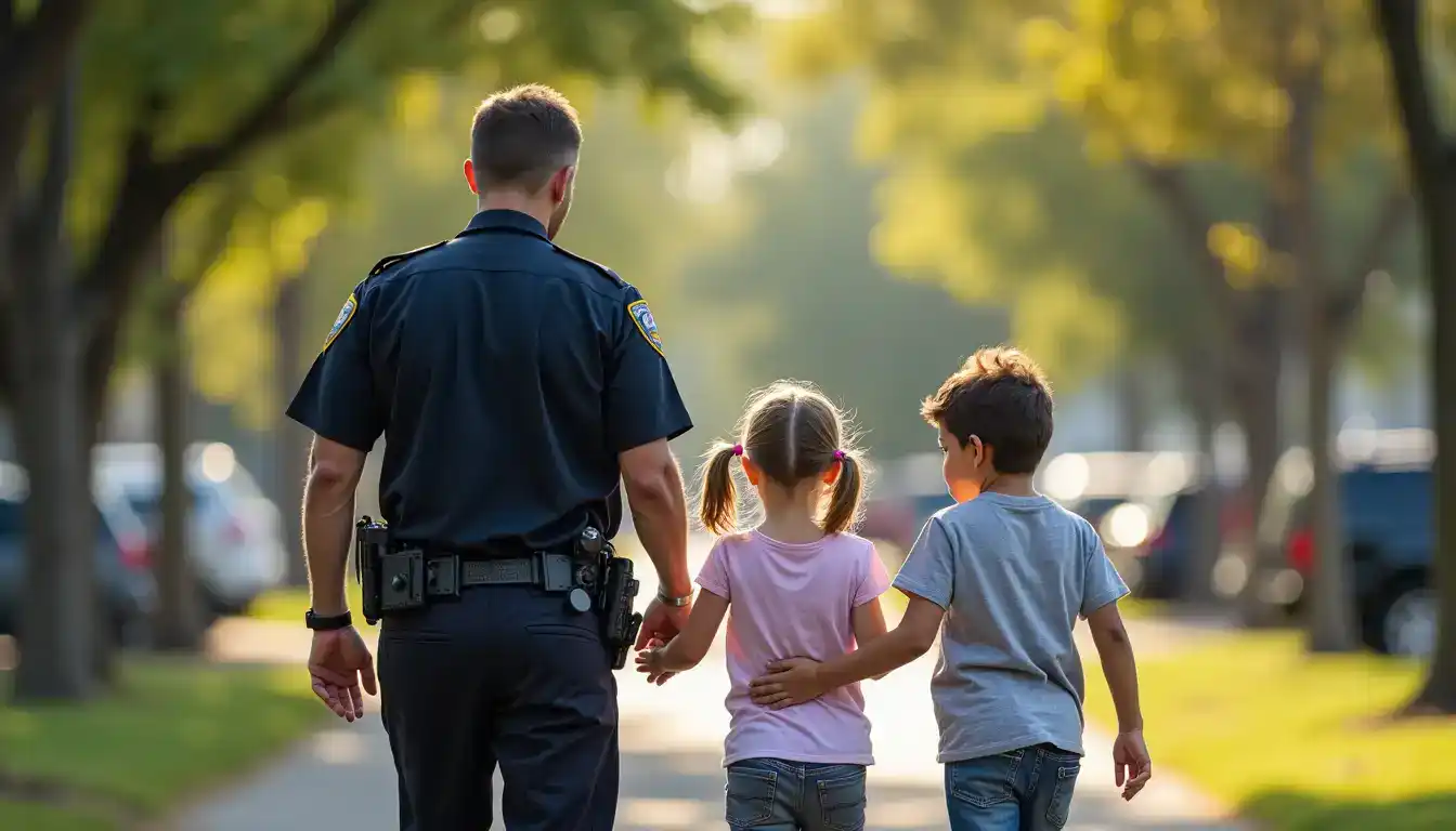 Police officer walking with two children in a park, promoting community safety in San Antonio.