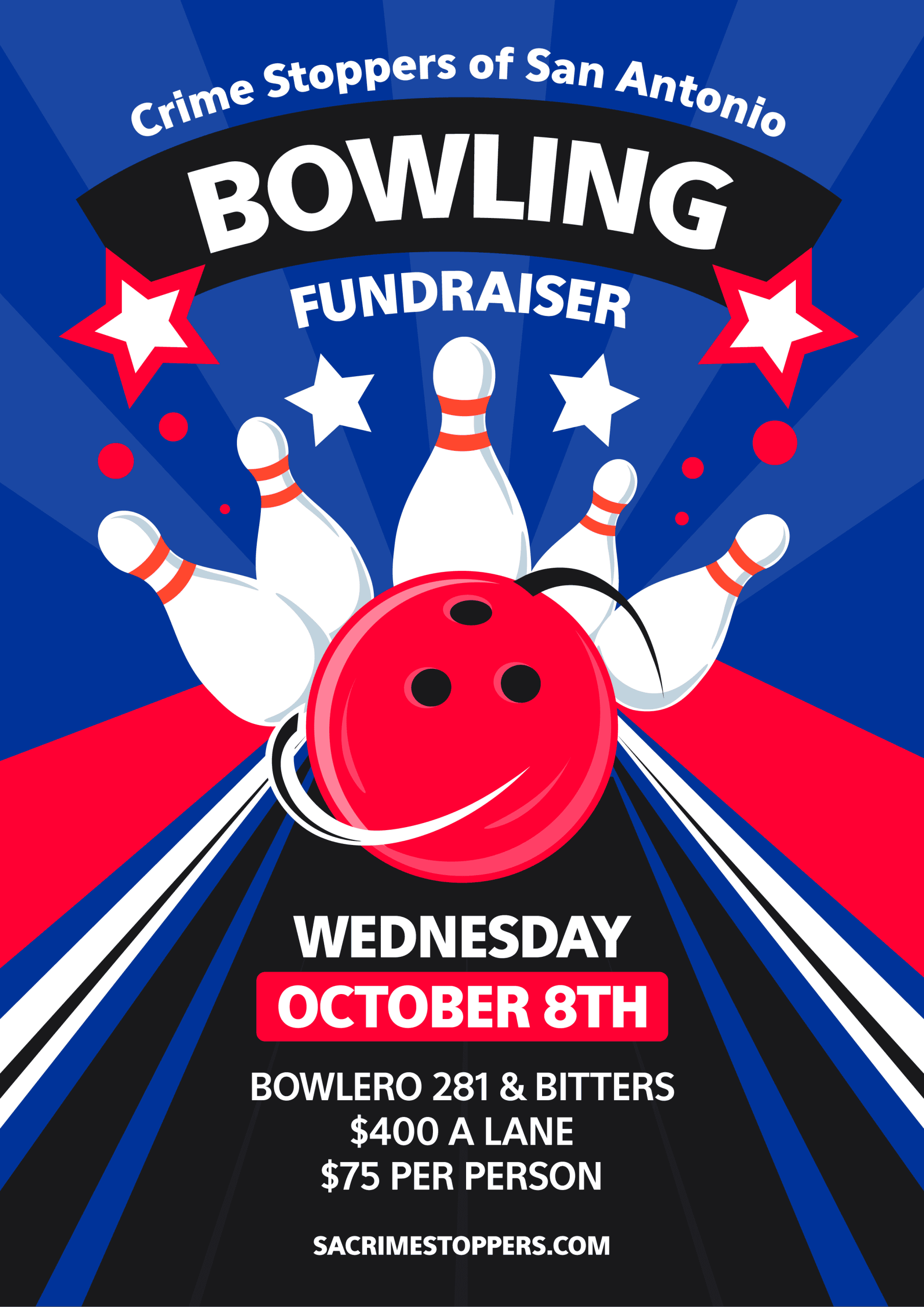 San Antonio Crime Stoppers bowling fundraiser poster with bowling pins and ball.