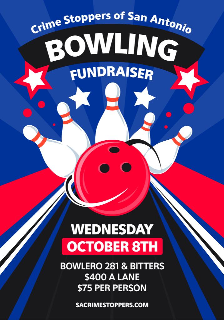 San Antonio Crime Stoppers bowling fundraiser poster with bowling pins and ball.
