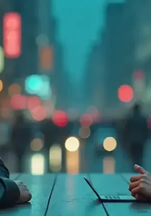 Two individuals having a serious conversation on a city street at night, representing community safe.